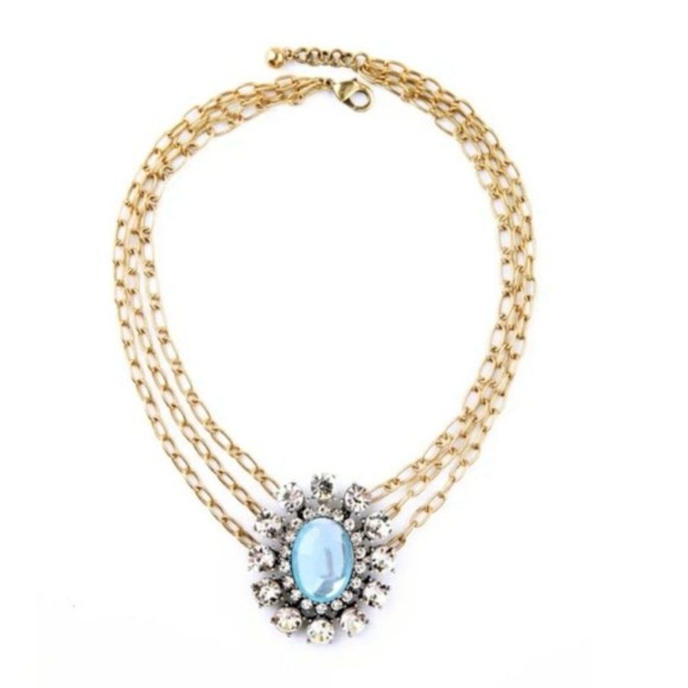 Blue Resin Rhinestone Crystal Floral 3 Layered Vintage Gold Pendant Necklace